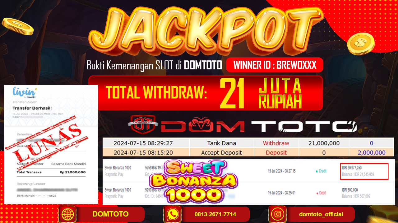 JACKPOT SLOT PRAGMATIC SWEET BONANZA 1000 15 JULI 2024